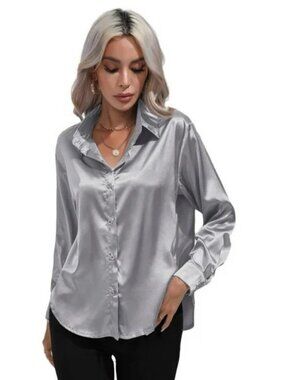 H&M Women’s Silver Satin Button-Down Blouse | M
